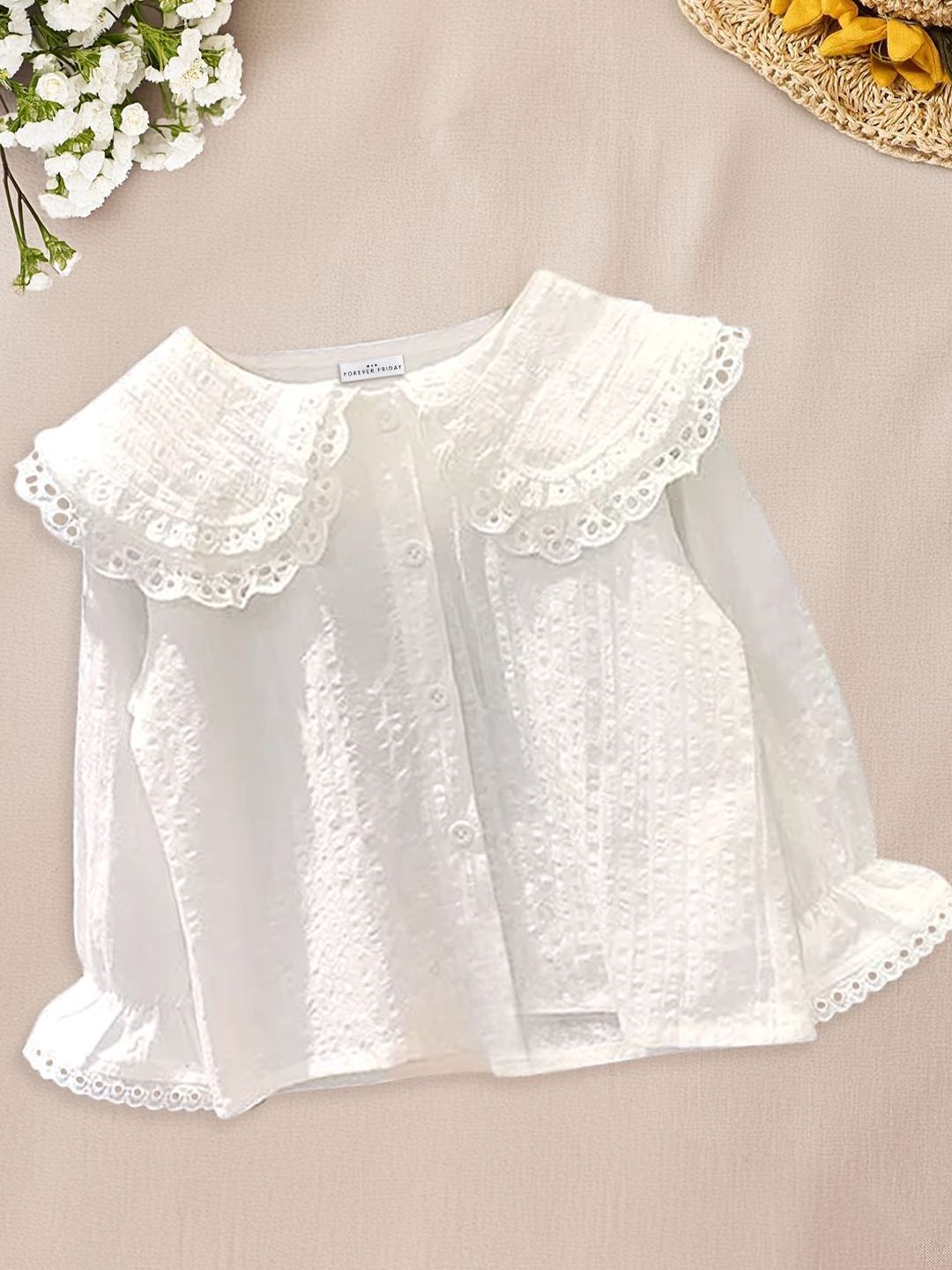 FOREVER FRIDAY Girls Peter Pan Collar Bell Sleeves Shirt Style Top