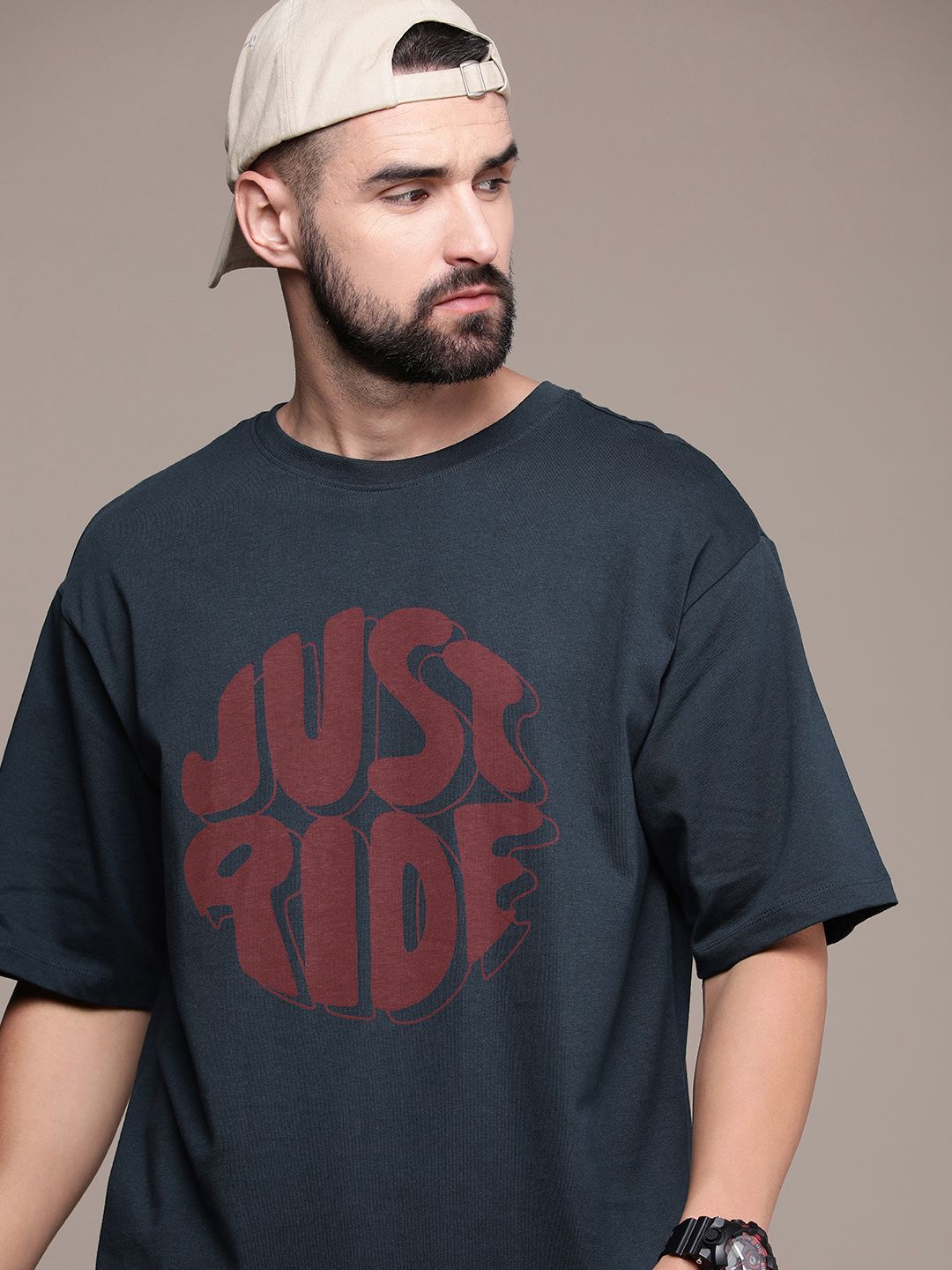 The Roadster Life Co. Printed Drop-Shoulder Sleeves Pure Cotton T-shirt