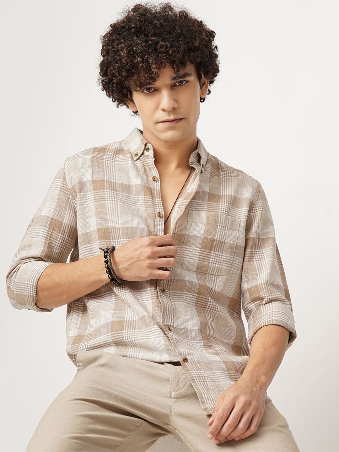 British Club Men Comfort Button-Down Collar Tartan Checked Cotton Casual Shirt