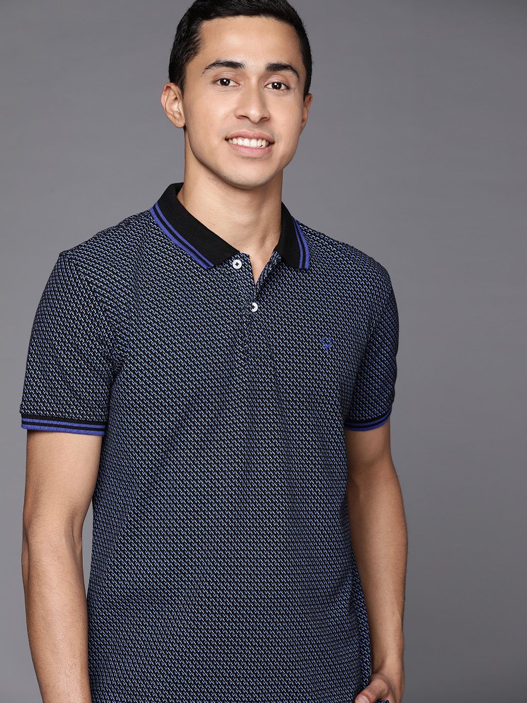 Allen Solly Men Black & Blue Printed Polo Collar T-shirt