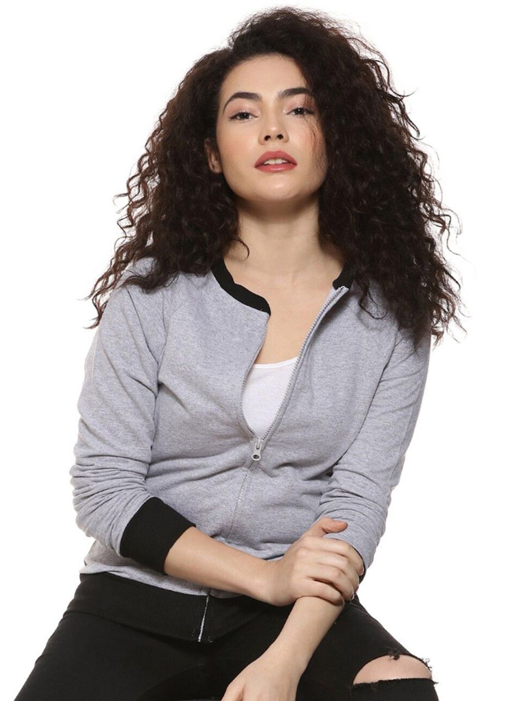 PINACOLADA Women Cotton Colourblocked Mock Collar Front-Open Sweatshirt