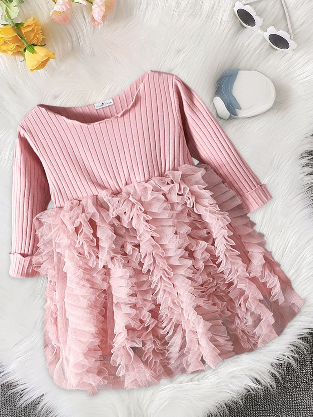 FOREVER FRIDAY Girls Self Design Cotton Peplum Knee Length Dress