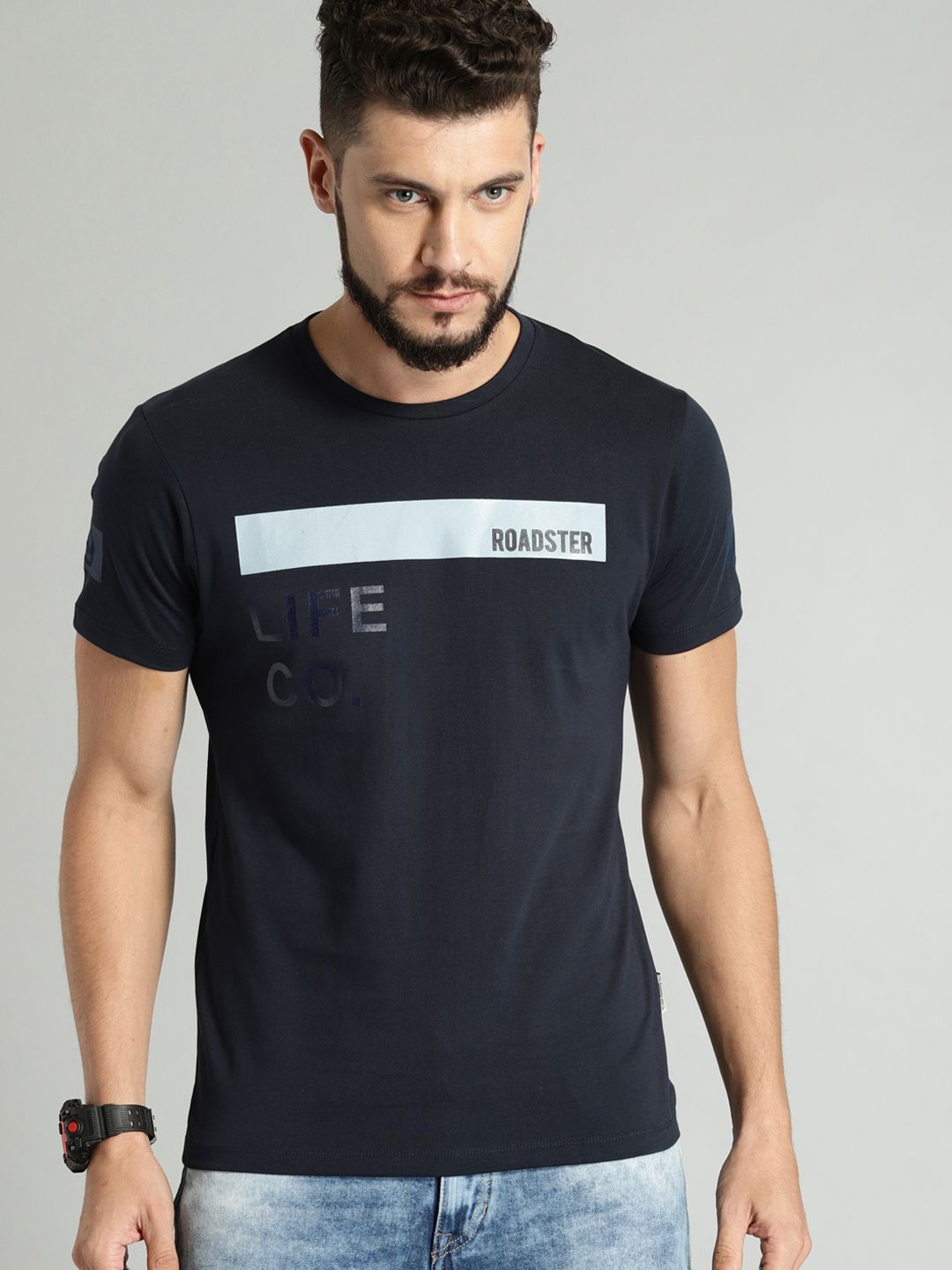Roadster Men Navy Blue Printed Pure Cotton T-shirt