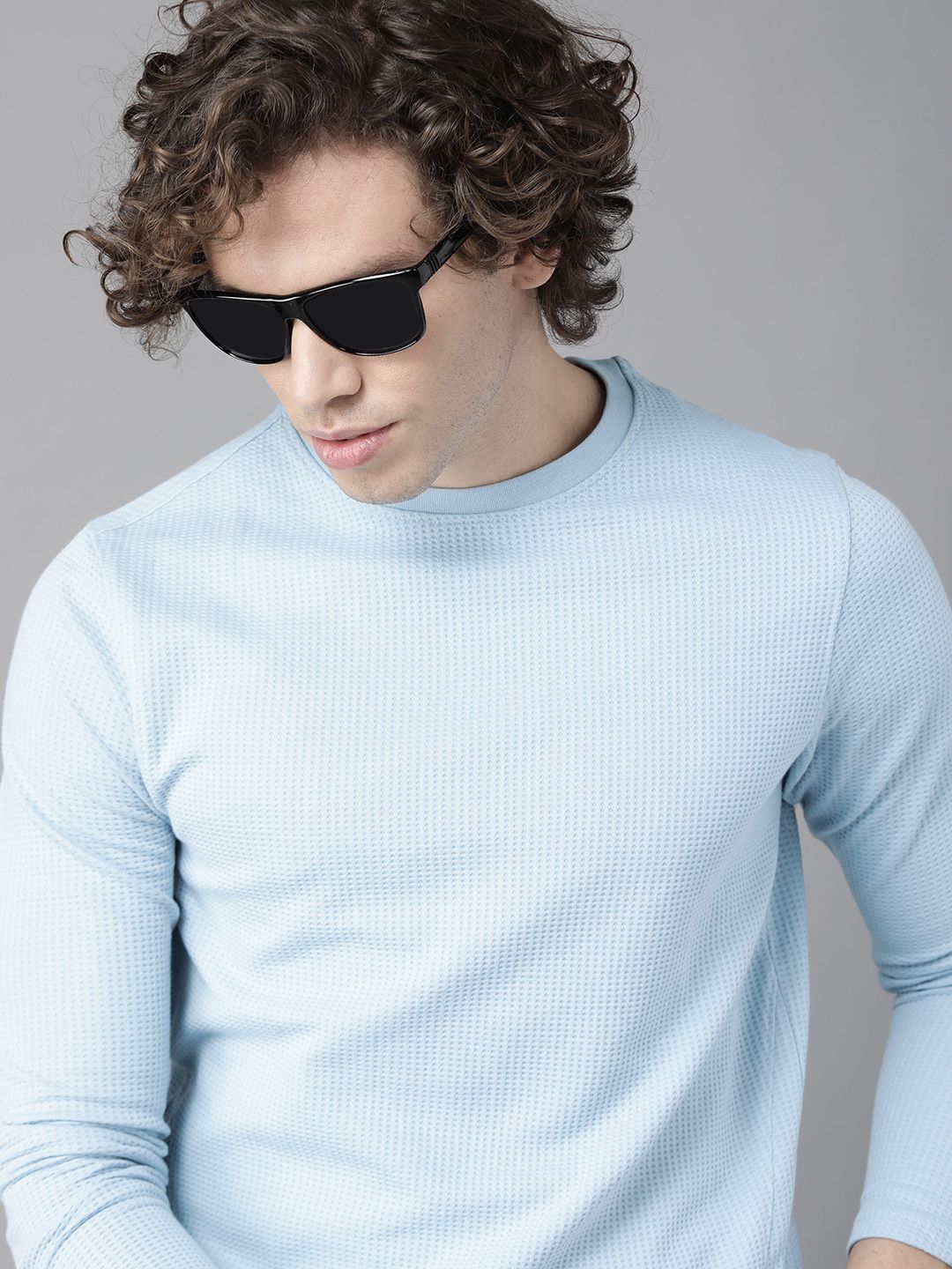 Roadster Men Blue Waffle Texture T-shirt