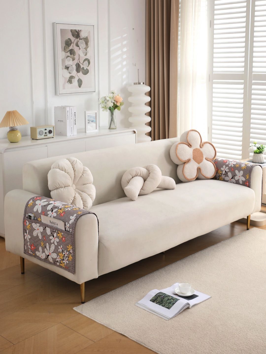 HOKIPO Brown & White Printed Polyester 2 Piece Sofa Armrest covers with Pockets