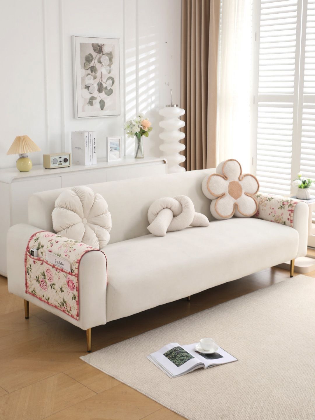 HOKIPO Beige Floral Polyester Quilted 2PC Straight 3 Seater Arm Rest Cover-33x19In