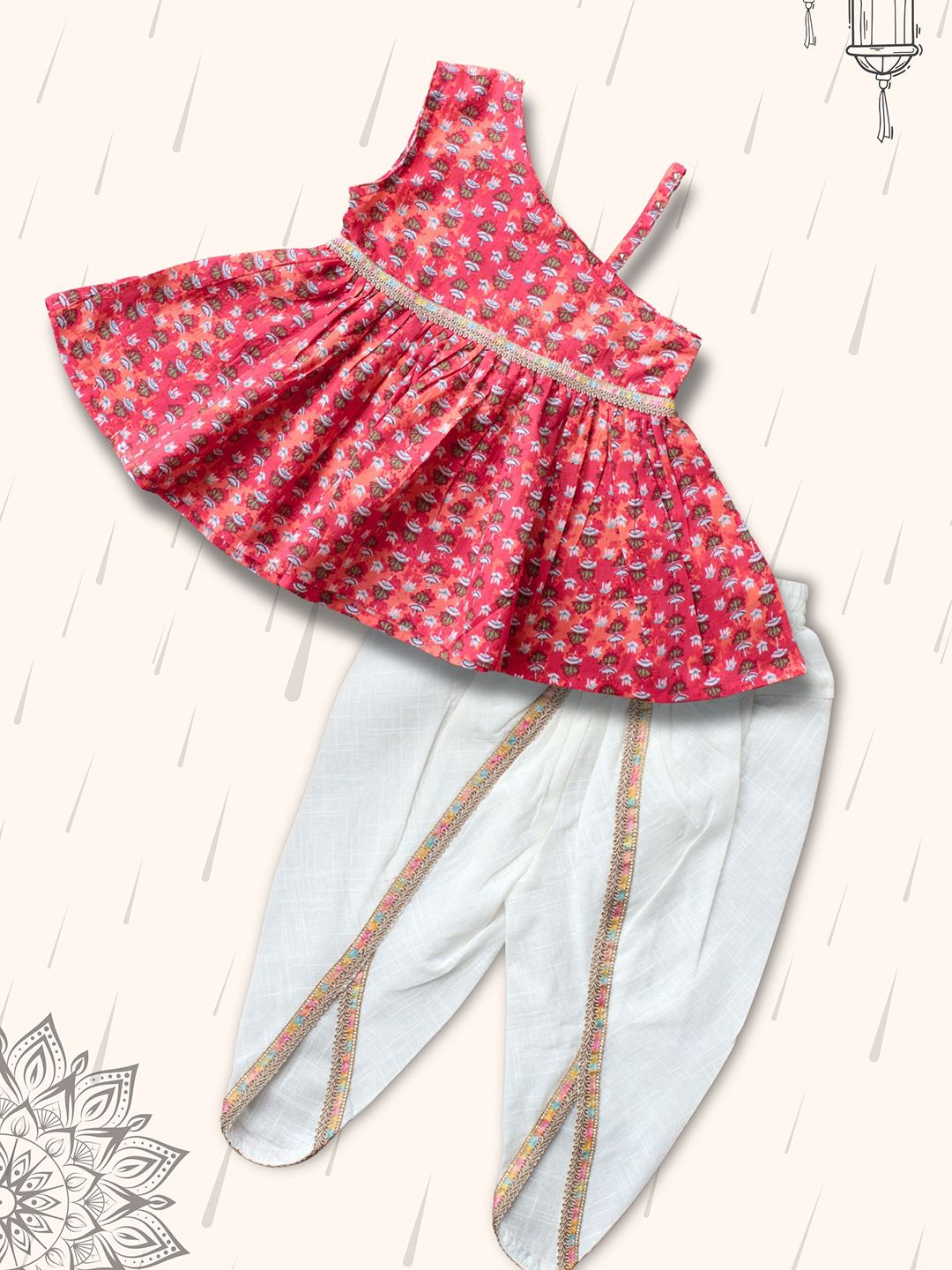 Peekaaboo Kids Girls Ethnic Motifs Printed Layered Pure Cotton Top with Dhoti Pants