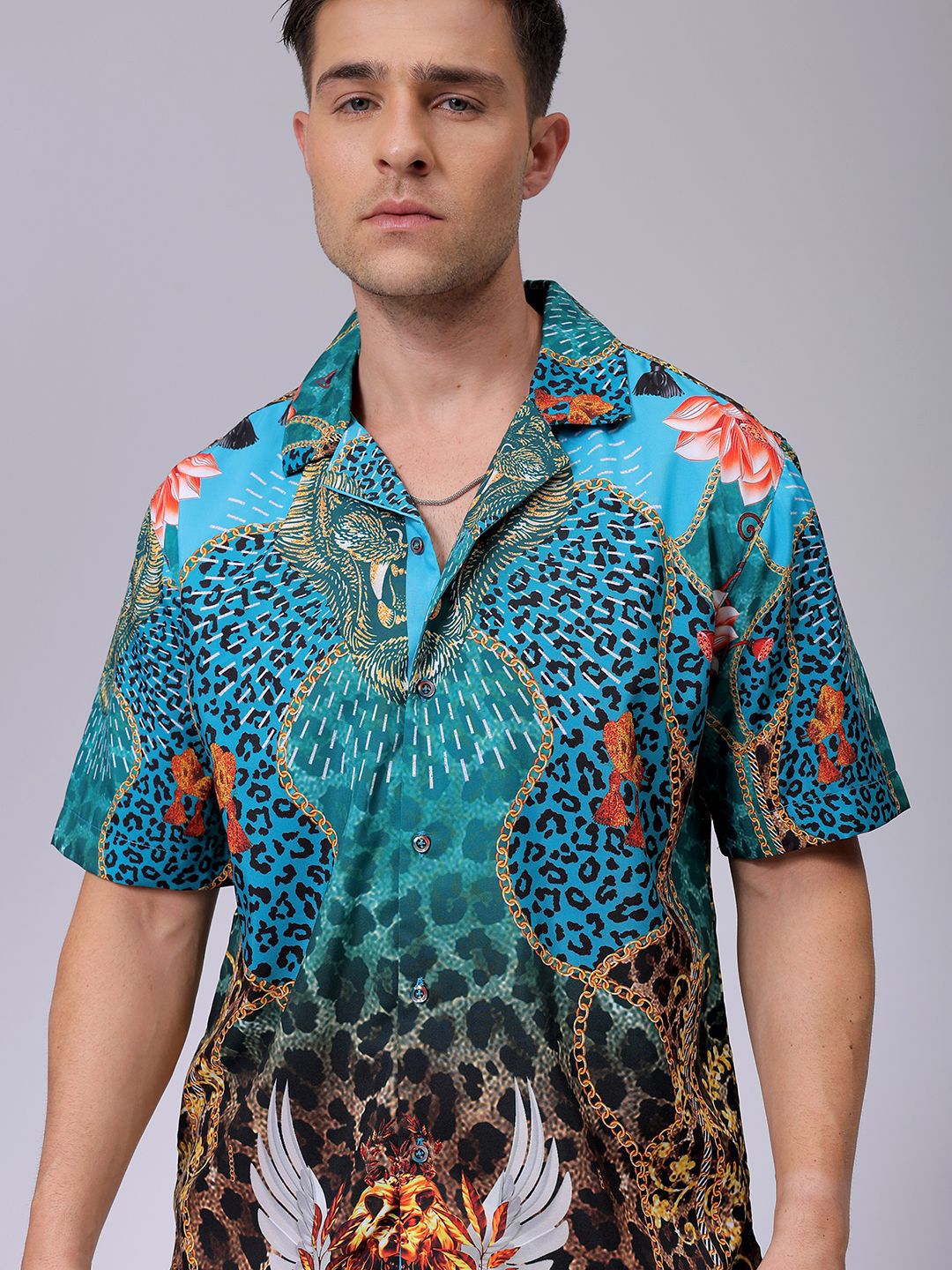 The Indian Garage Co Men Cuban Collar Graphic Printed Oversized Resortwear Shirt