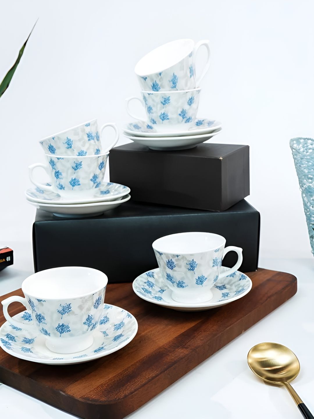 UPC Gold Line White Floral Ceramic Microwave Safe 12 Piece Cups-180ml