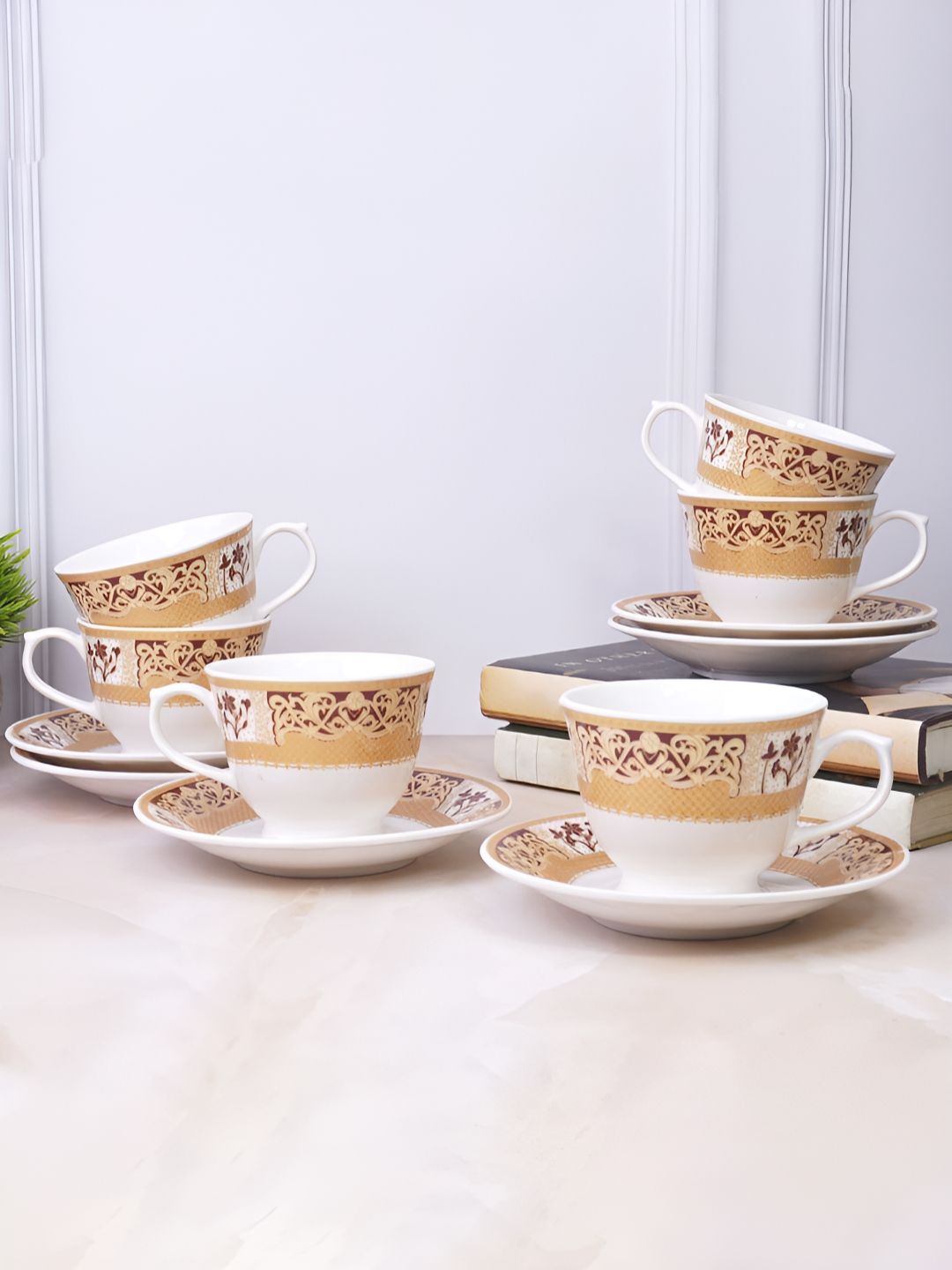 UPC White Floral Ceramic Handmade 6 Piece Cup with 6 Piece Saucer-180ml