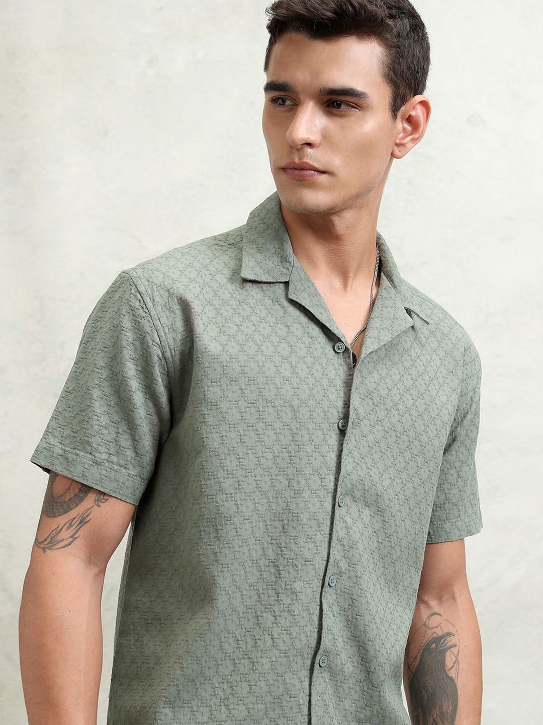 Highlander Men Olive Dobby Textured Solid Cuban Collar Relaxed Shirt
