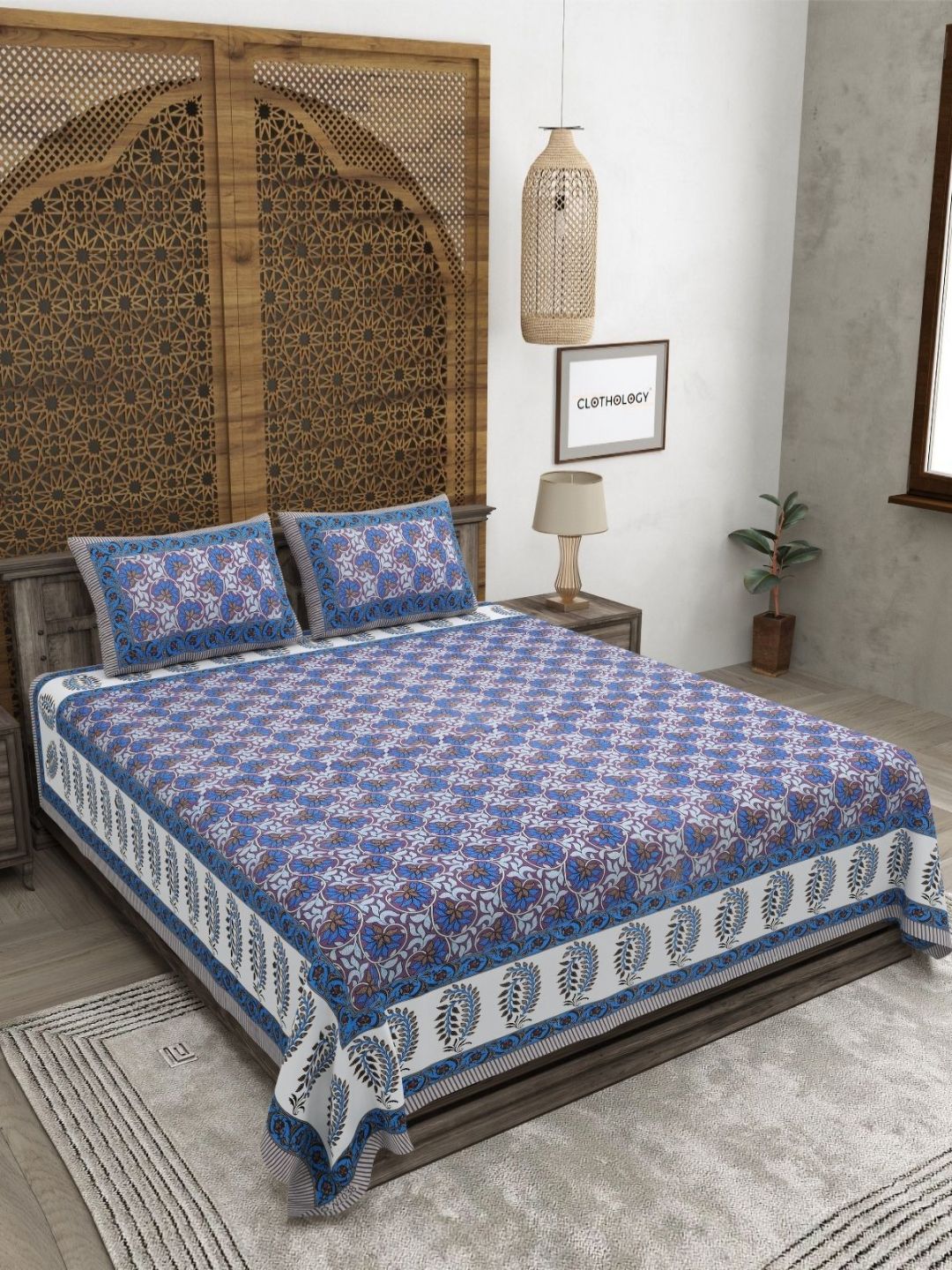 CLOTHOLOGY CLOTHOLOGY Indigo Blue Bloom Royal Bagh 180 TC Cotton King Bedsheet with 2 Pillow Cover