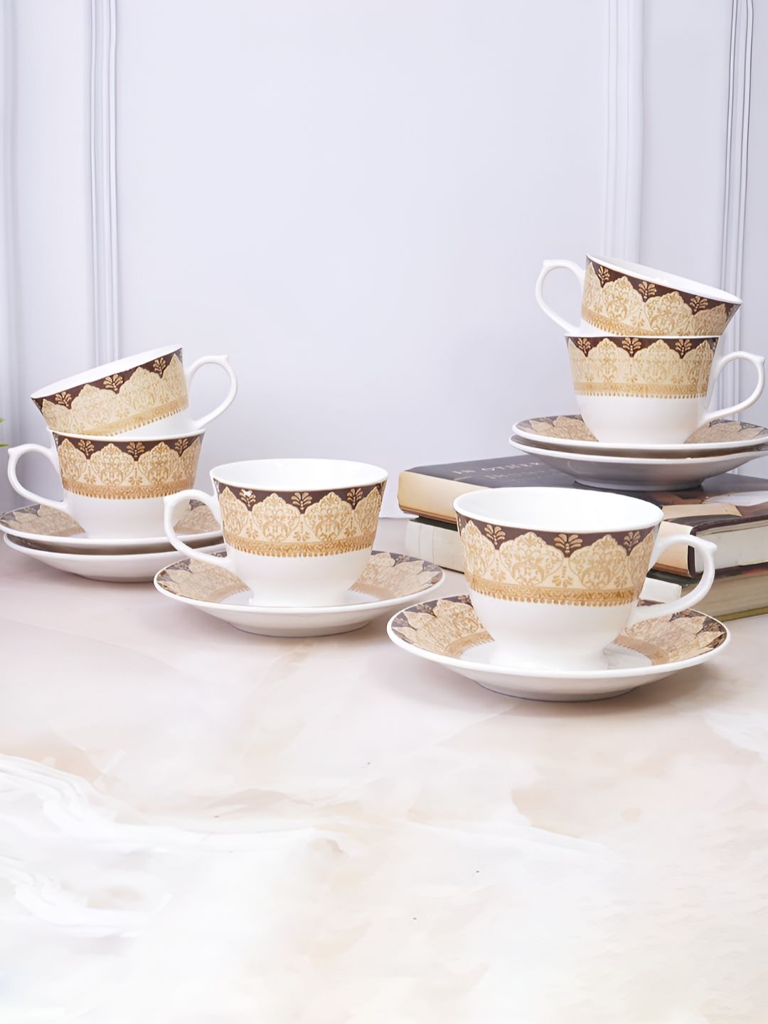 UPC Sivas White Floral Ceramic Handmade 12 Piece Cups-180ml