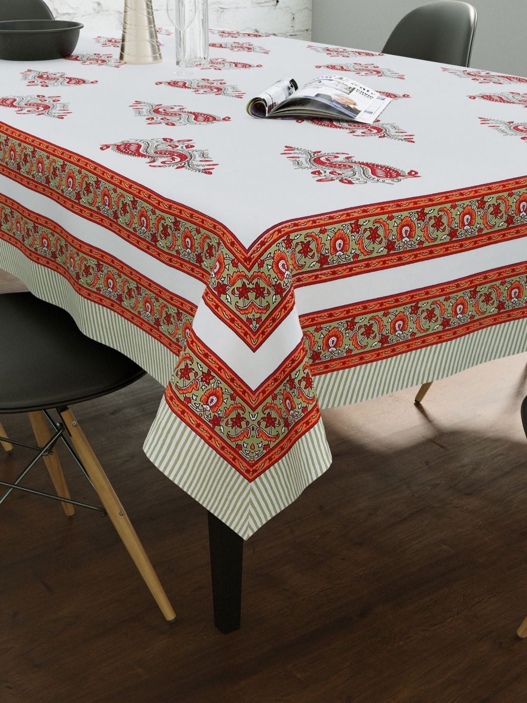 BLOCKS OF INDIA White & Orange Ethnic Motifs Printed Cotton 6-Seater Table Cover
