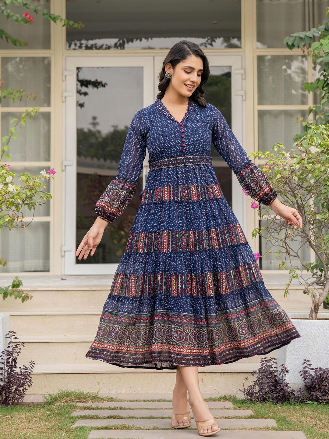 Buy Juniper Ethnic Motifs Print Bell Sleeve Georgette A-Line Maxi