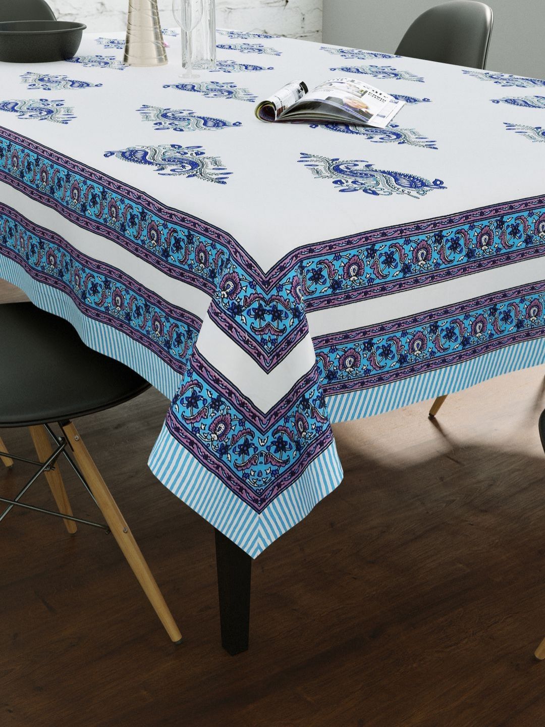 BLOCKS OF INDIA Blue Ethnic Motifs Printed Cotton 6-Seater Table Cover