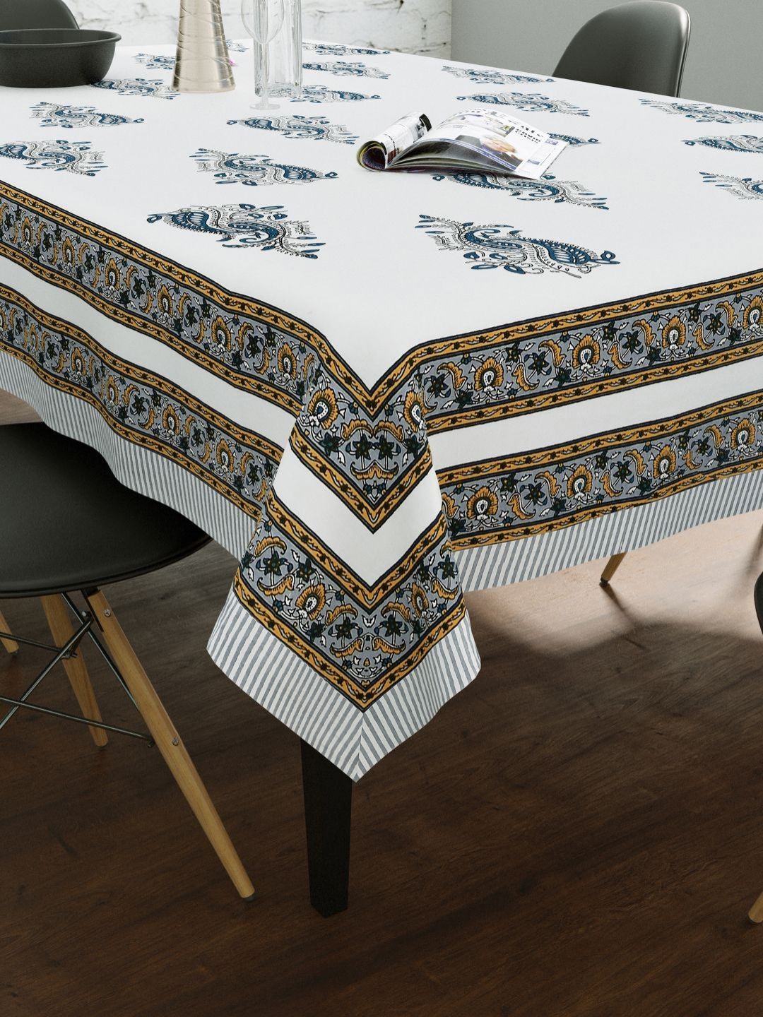BLOCKS OF INDIA Grey & White Ethnic Motifs Printed Cotton 6-Seater Table Cover