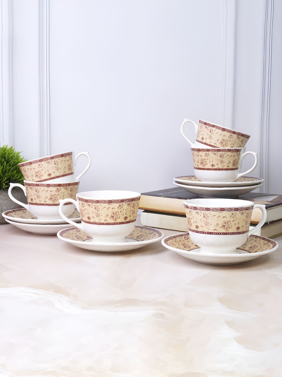 UPC White Ethnic Motifs Ceramic Microwave Safe 12 Piece Cups-180ml