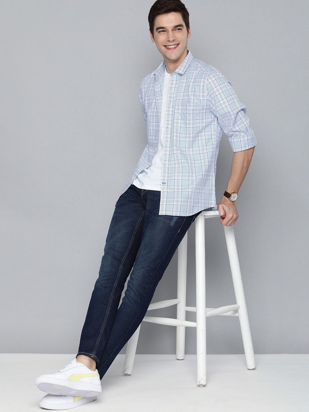 Mast & Harbour Men Blue Slim Fit Tartan Checked Casual Shirt