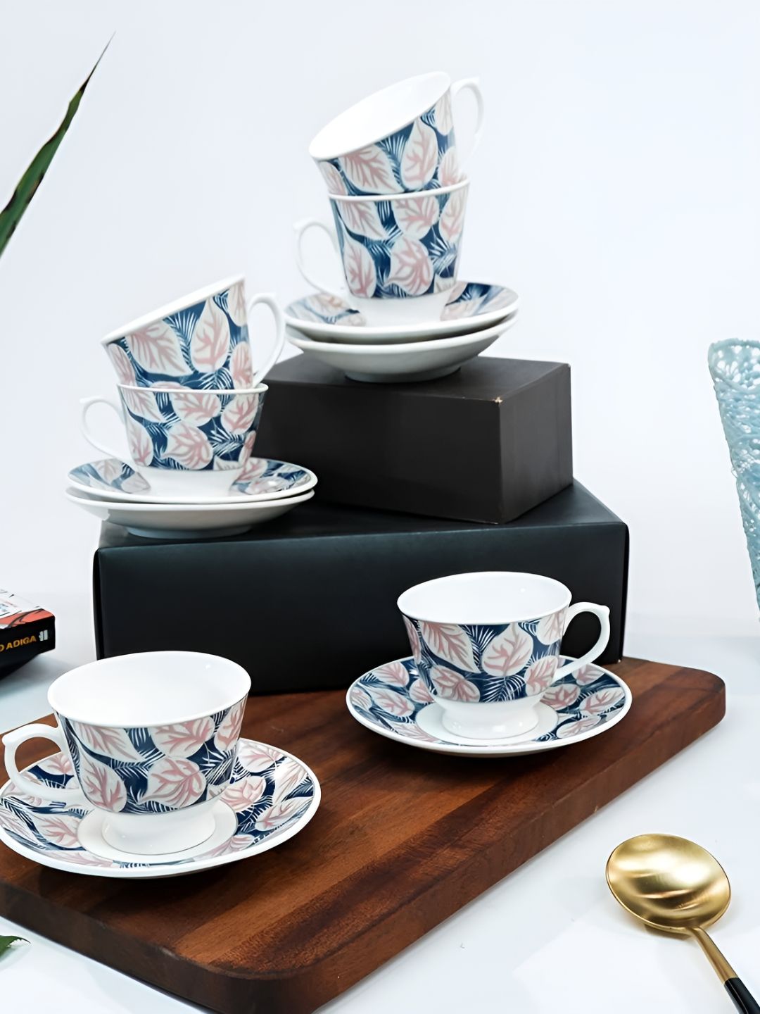 UPC White Leaf Ceramic Microwave Safe 12 Piece Cups-180ml