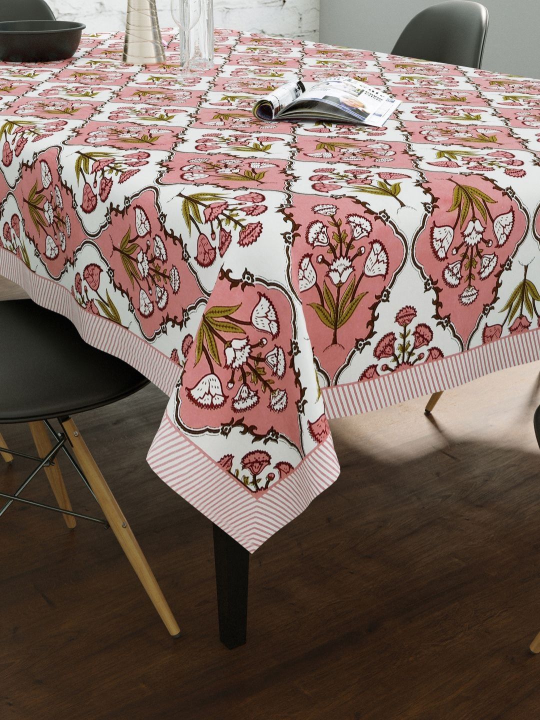 BLOCKS OF INDIA Peach & White Ethnic Motifs Printed Cotton 6-Seater Table Cover