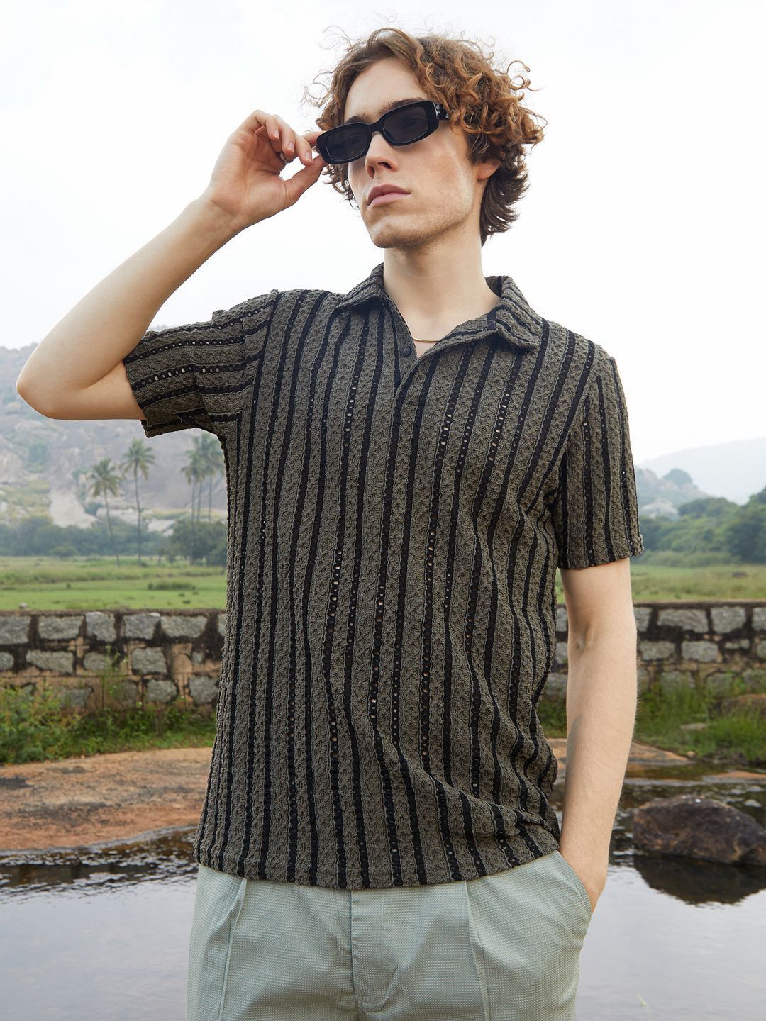 CAHOOT Men Striped Polo Collar Pockets T-shirt