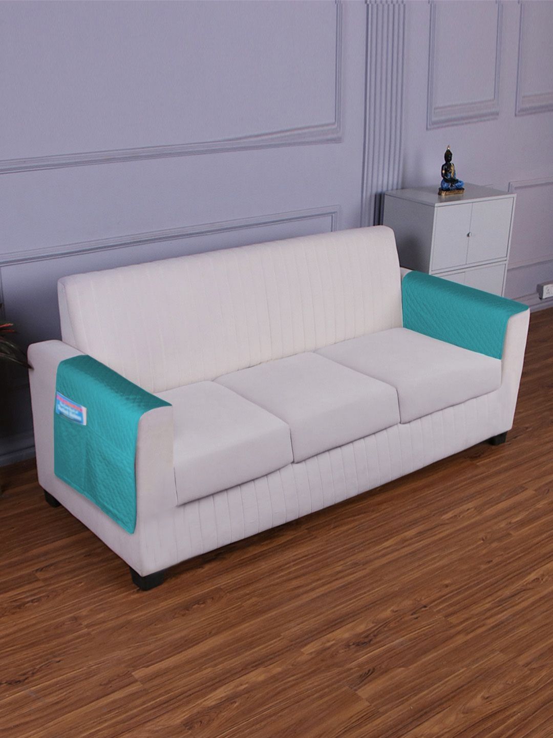 HOKIPO Star Teal Geometric Polyester Quilted 2PC Straight 3 Seater Arm Rest Cover-19x33In
