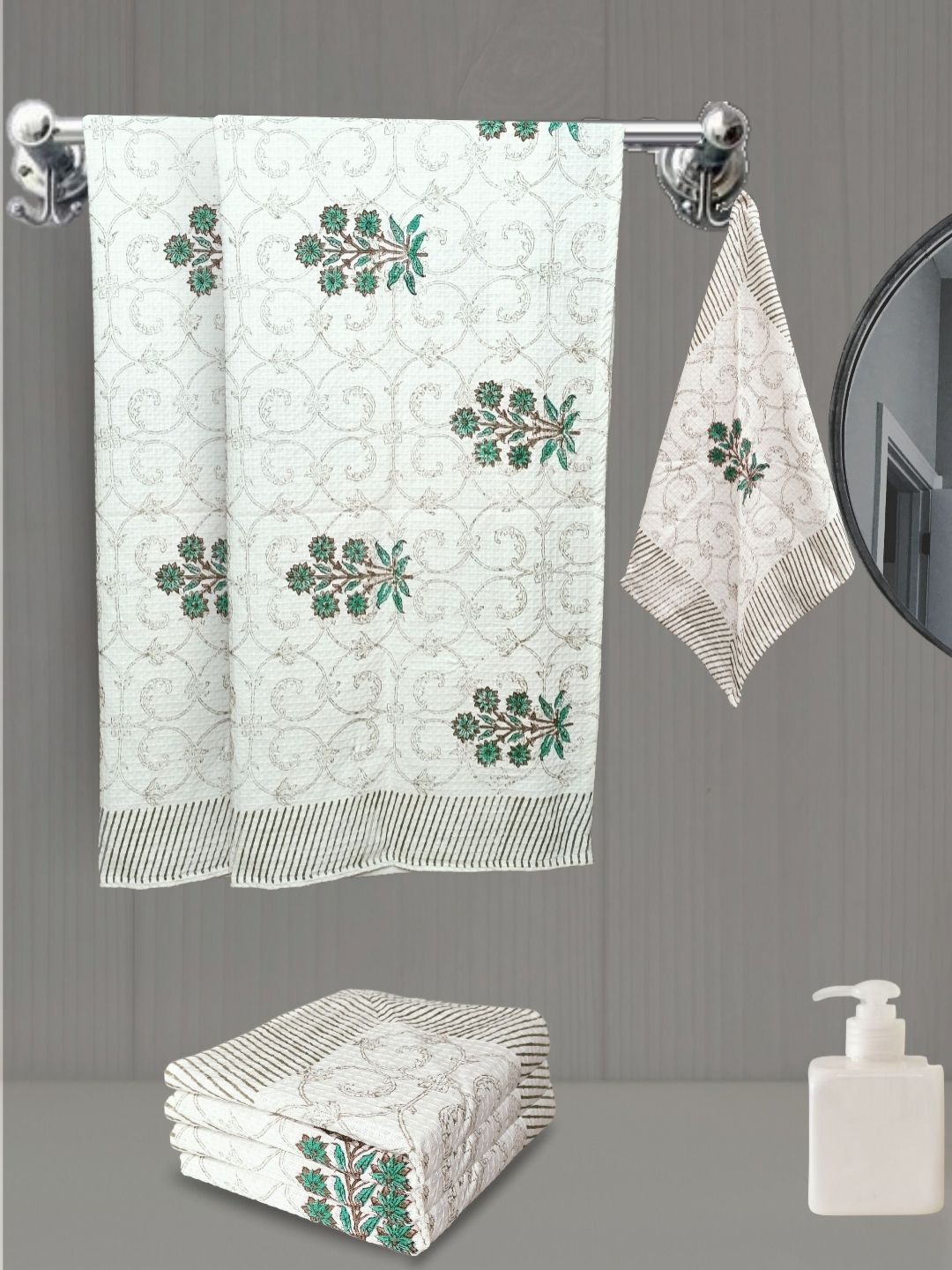 LIVING ROOTS Green 6 Pieces Block Printed 210 GSM Waffle Cotton Soft & Absorbent Towel Set
