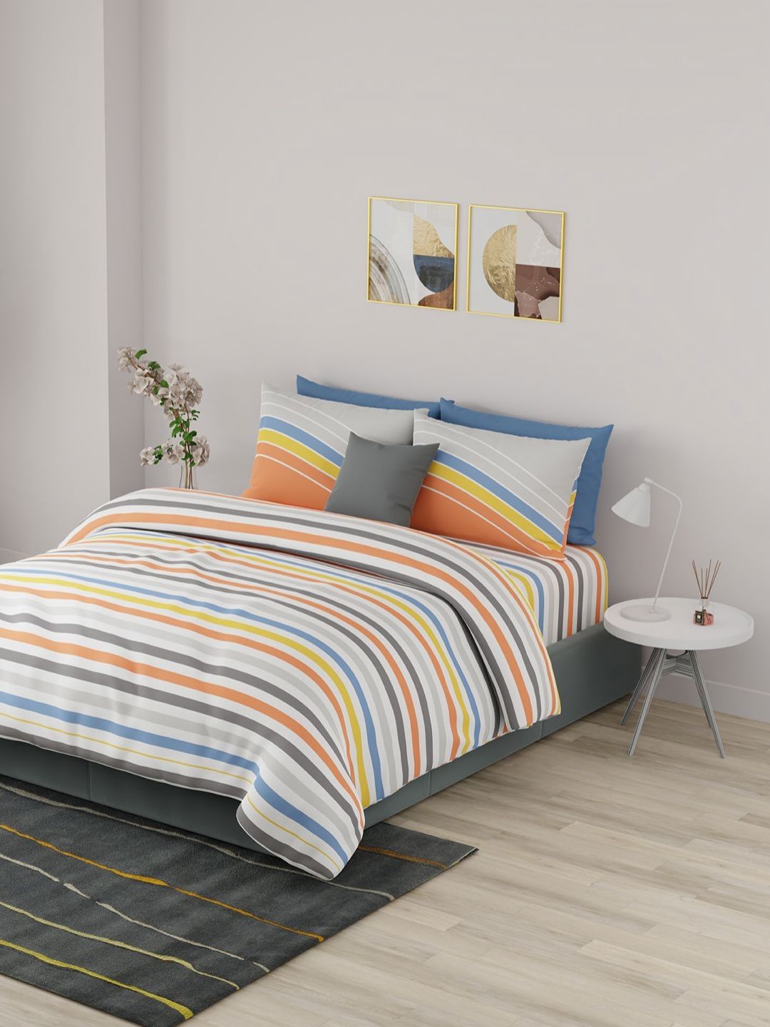United Colors of Benetton United Colors of Benetton Orange & White Striped 210 TC Super King Bedsheet with 2 Pillow Covers