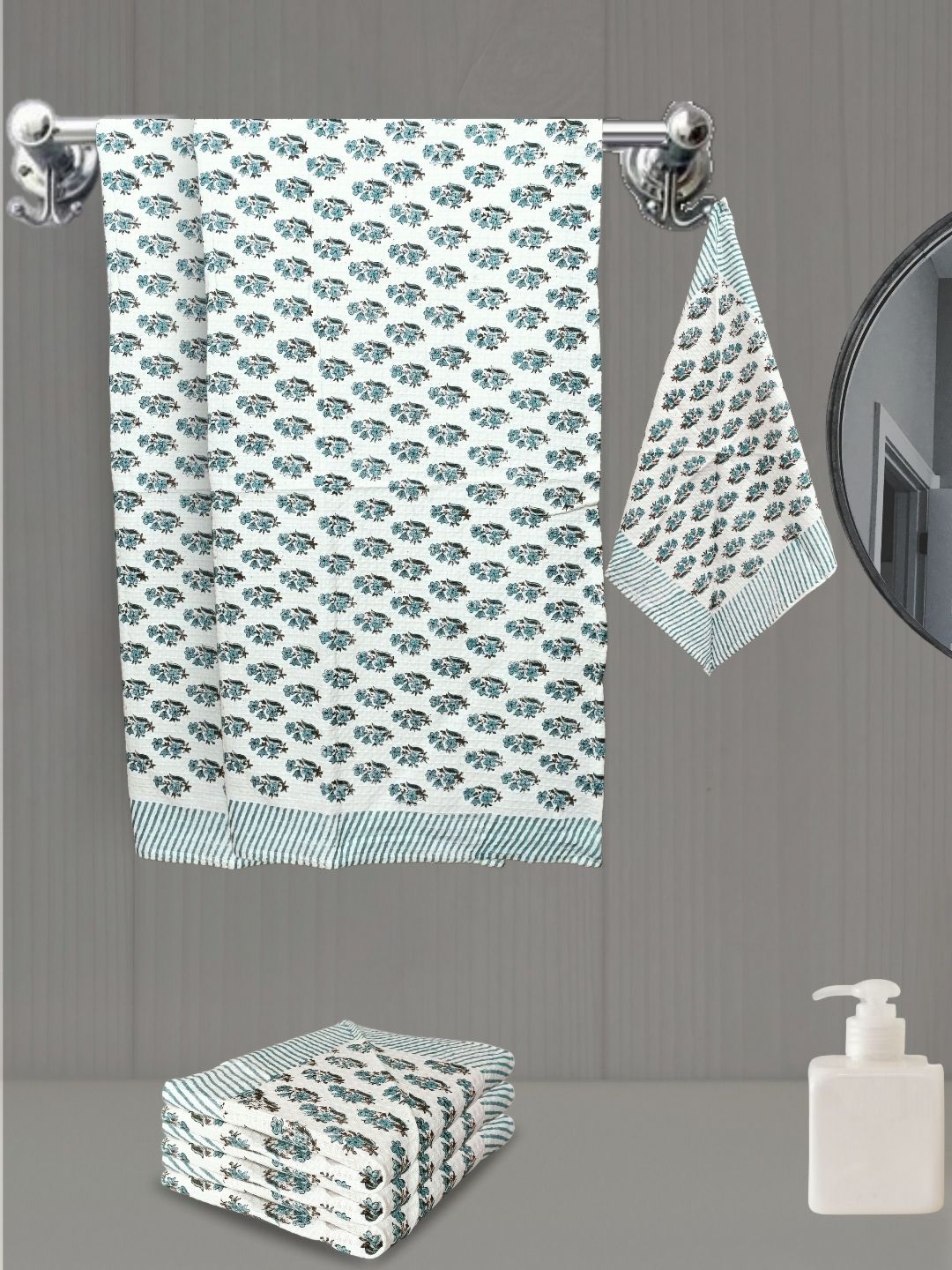 LIVING ROOTS White 6 Pieces Block Printed 210 GSM Waffle Cotton Soft & Absorbent Towel Set