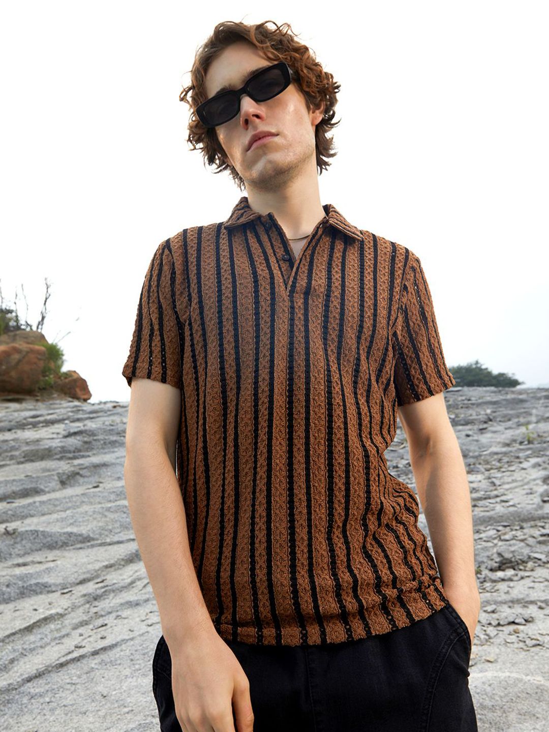 CAHOOT Men Striped Polo Collar Pockets T-shirt