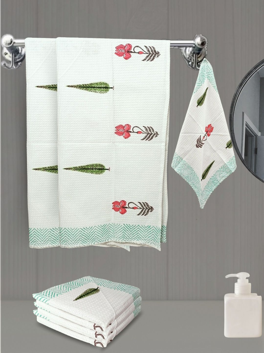 LIVING ROOTS White 6 Pieces Block Printed 210 GSM Waffle Cotton Soft & Absorbent Towel Set