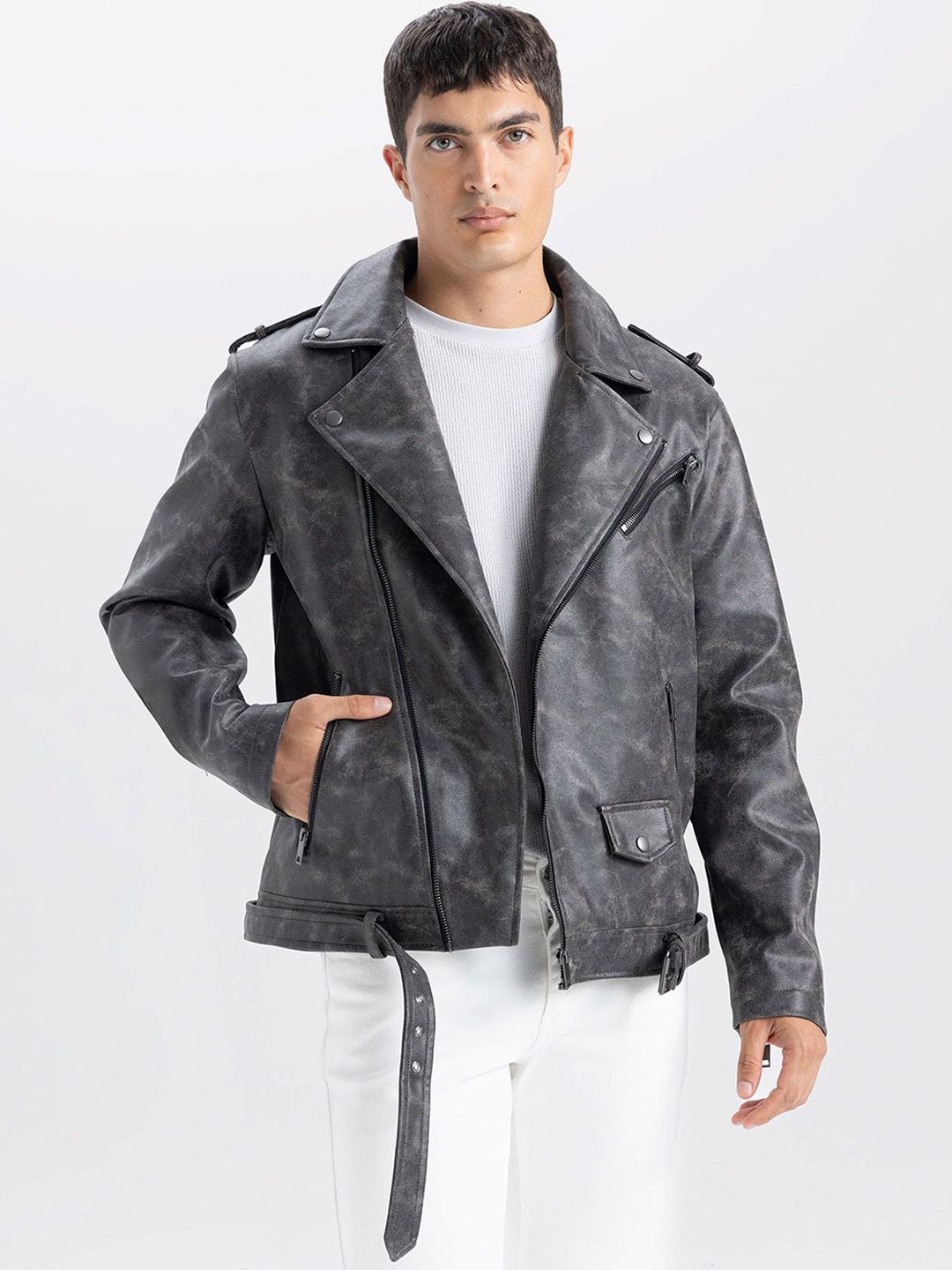 DeFacto Men Checked Crop Leather Jacket
