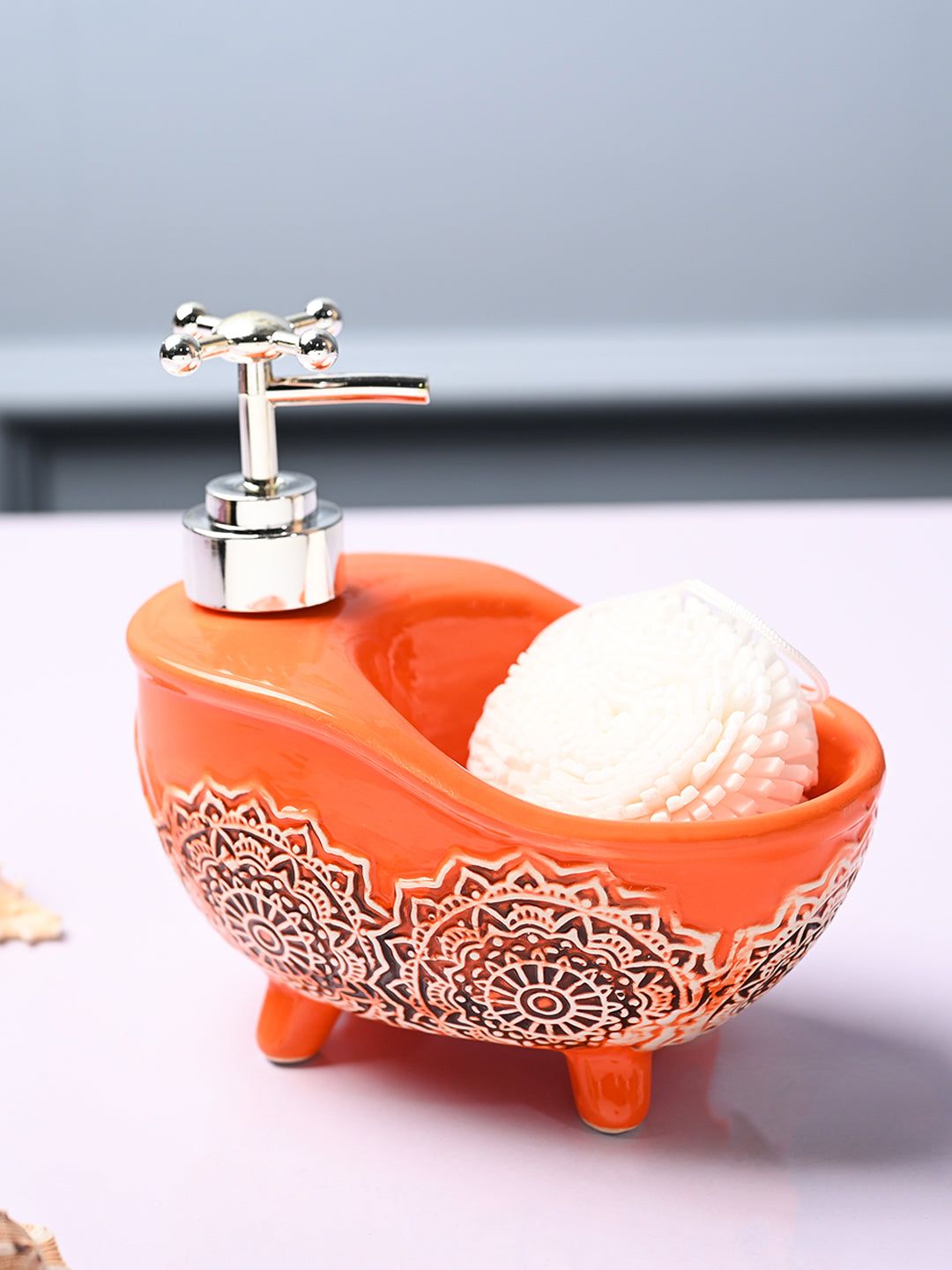 MARKET99 Orange Embossed Bath Tub Shaped Ceramic Waterproof Soap Dispenser 300 ml