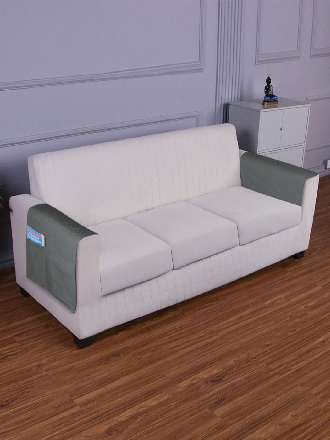 HOKIPO Waterproof Geometric Polyester Quilted 2PC Straight 3 Seater Arm Rest Cover-19x33In