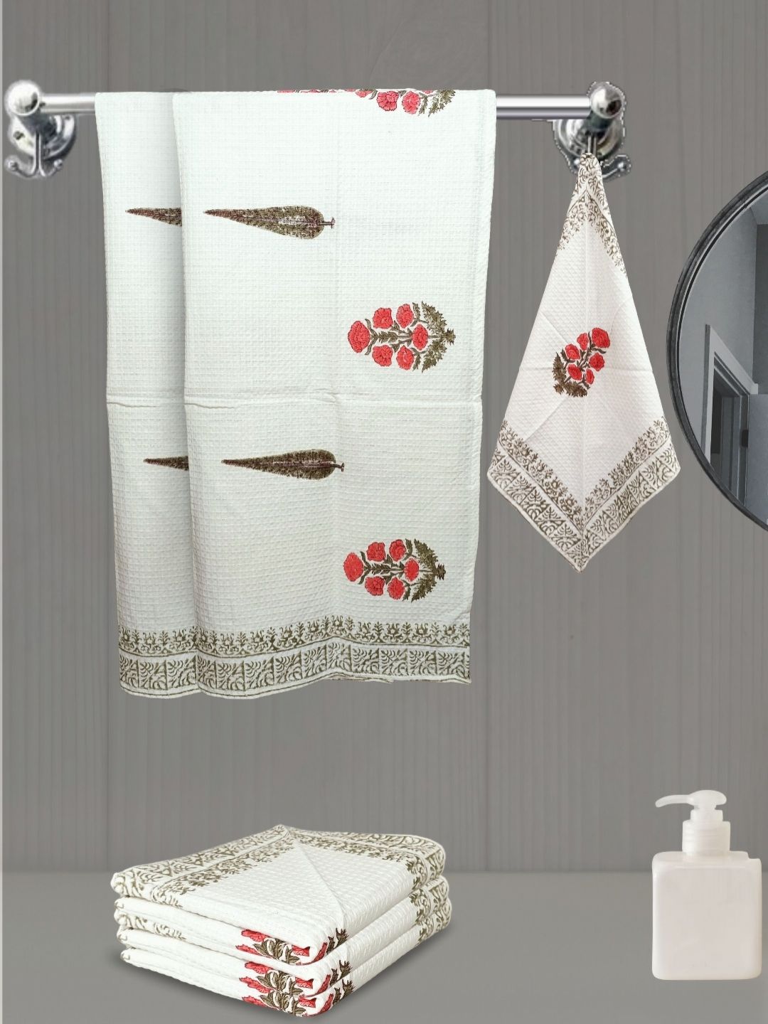 LIVING ROOTS Red 6 Pieces Block Printed 210 GSM Waffle Cotton Soft & Absorbent Towel Set