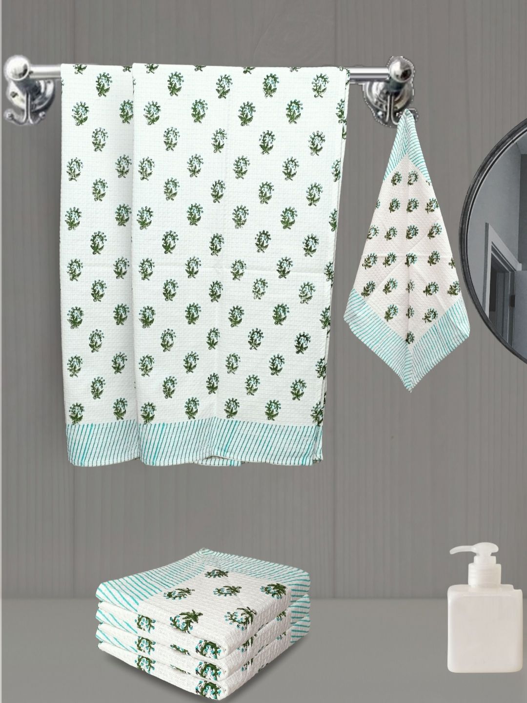 LIVING ROOTS Green 6 Pieces Block Printed 210 GSM Waffle Cotton Soft & Absorbent Towel Set
