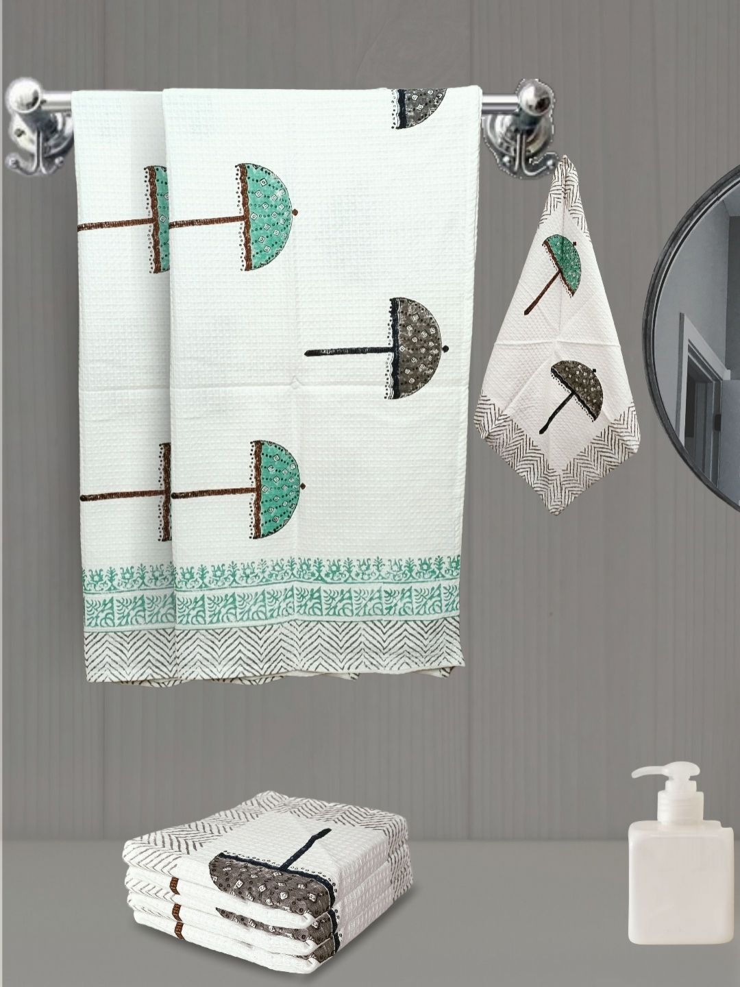 LIVING ROOTS Green 6 Pieces Block Printed 210 GSM Waffle Cotton Soft & Absorbent Towel Set