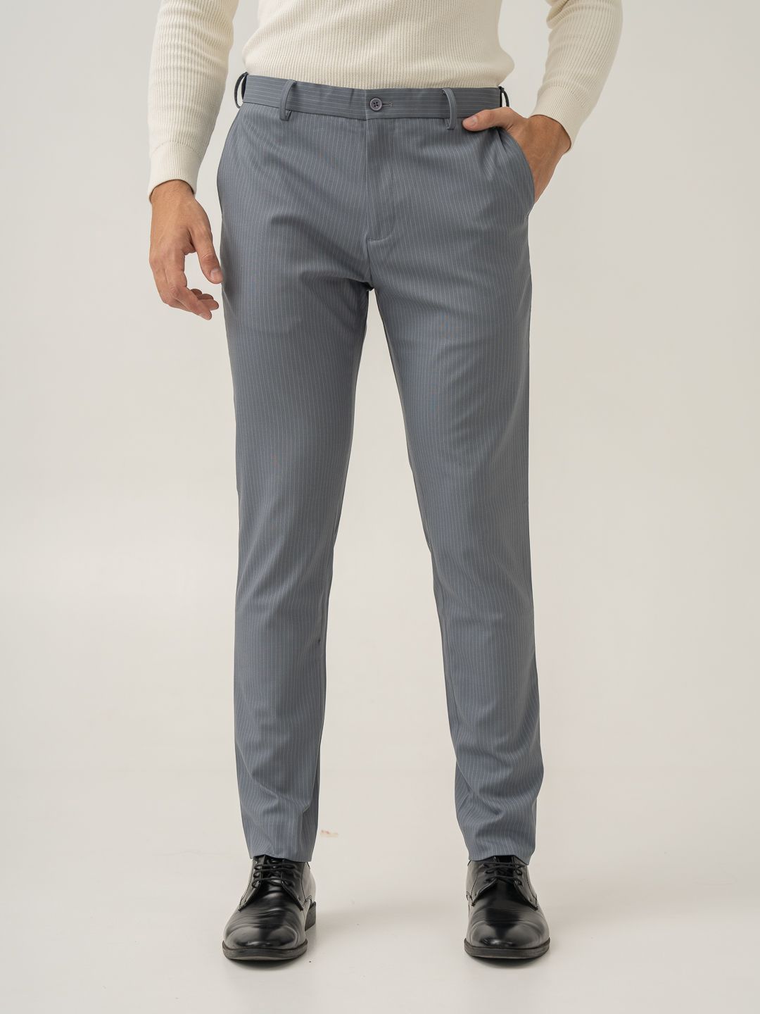 Men Slim Fit Stripes Wrinkle-Resistant Formals The Pant Project Men Grey Stripes Slim Fit Wrinkle-Resistant Formal Trousers with Stretchable Waistband
