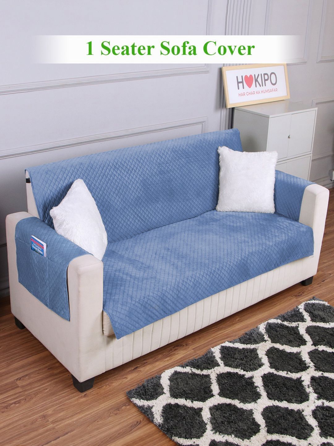 HOKIPO Blue Velvet 1 Seater Sofa Mat with Pockets