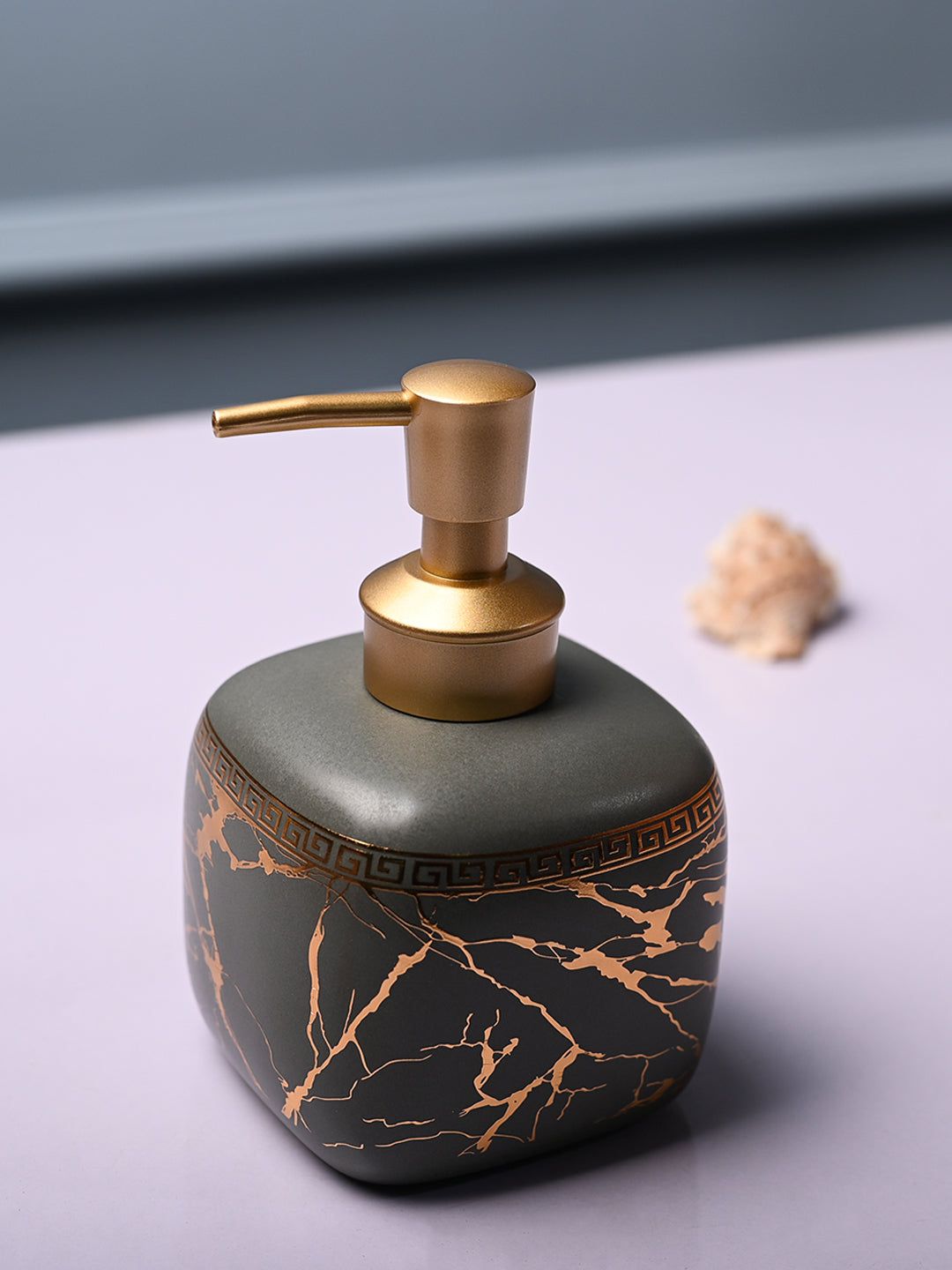 MARKET99 Grey & Gold Toned Abstract Printed Ceramic Glossy Soap Dispenser - 450 ml