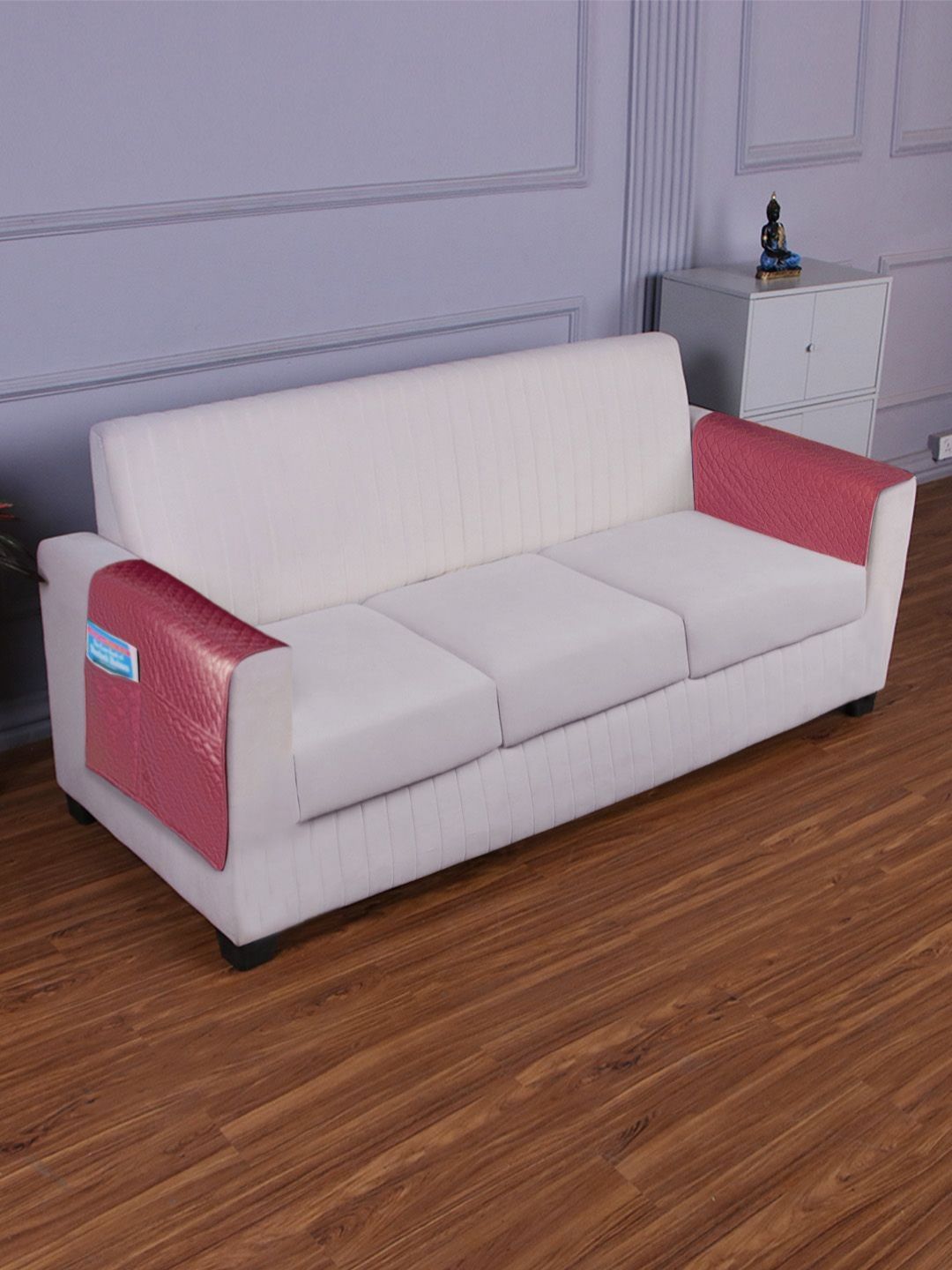 HOKIPO Peach Geometric Polyester Quilted 2PC Straight 3 Seater Arm Rest Cover-19x33In