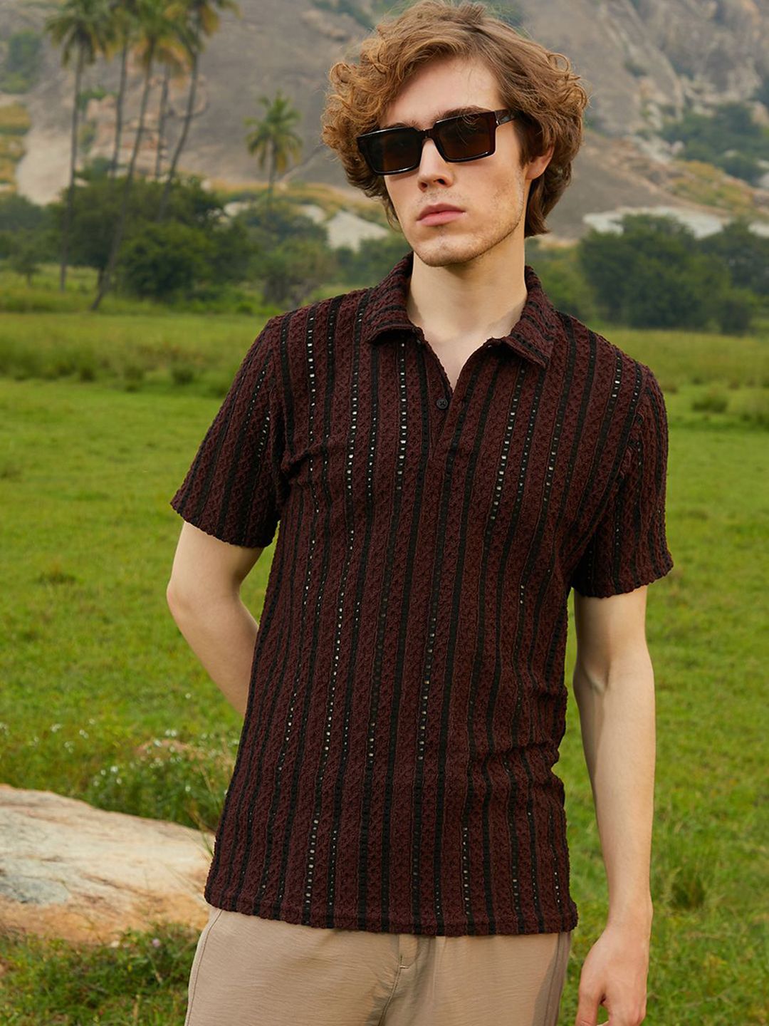 CAHOOT Men Striped Polo Collar Raw Edge T-shirt