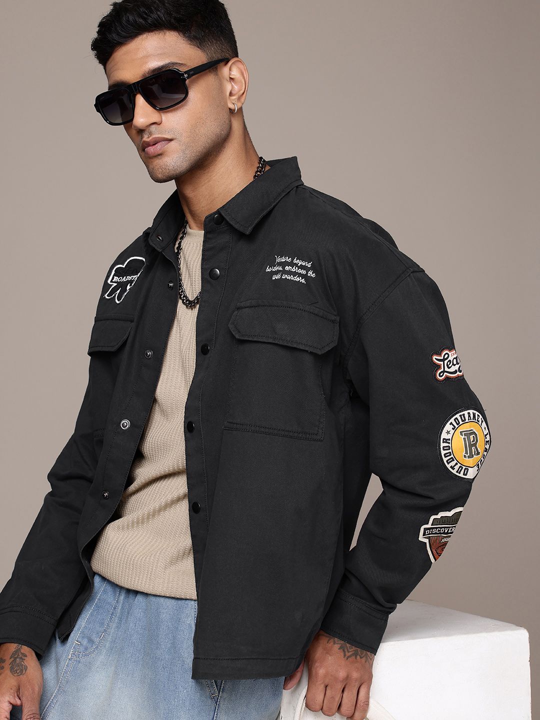 The Roadster Life Co. Relaxed Fit Applique Detailing Pure Cotton Tailored Jacket