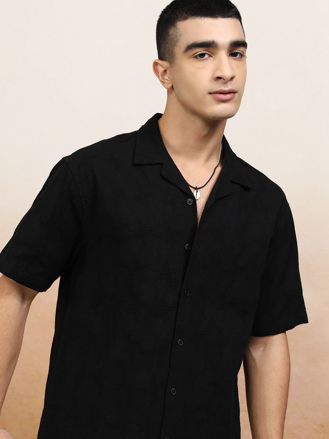 HIGHLANDER Men Mocklino Dobby Textured Solid Cuban Collar Relaxed Shirt