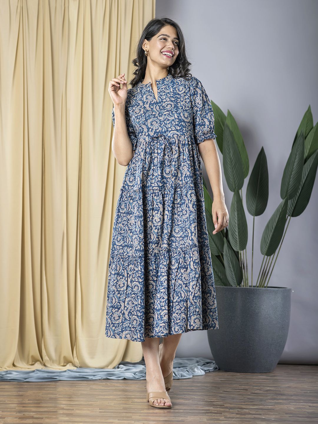 KALINI Women Floral Printed Cotton Fit & Flare Midi Dress