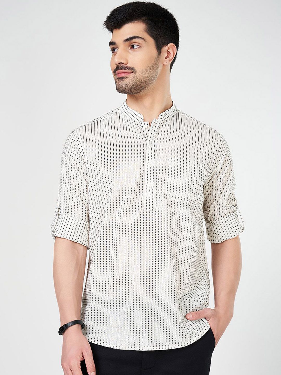 indus route by Pantaloons Striped Mandarin Collar Long Sleeves Regular Cotton Kurta