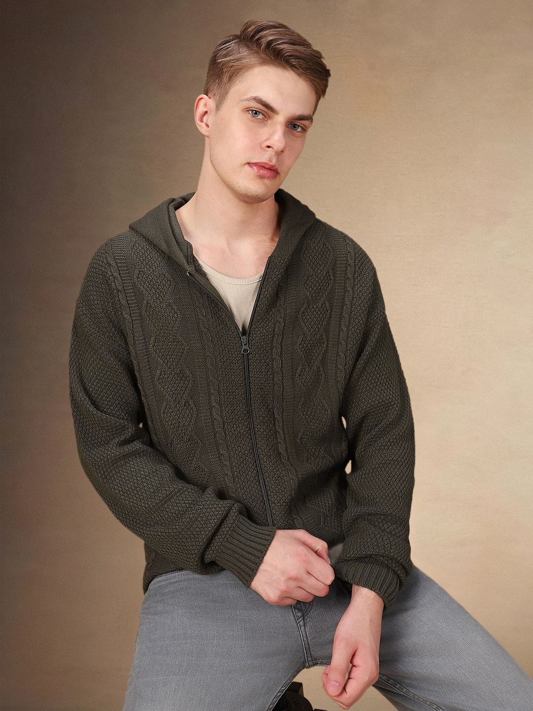 Dennis Lingo Men Cable Knit Hooded Long Sleeves Cardigan Sweaters
