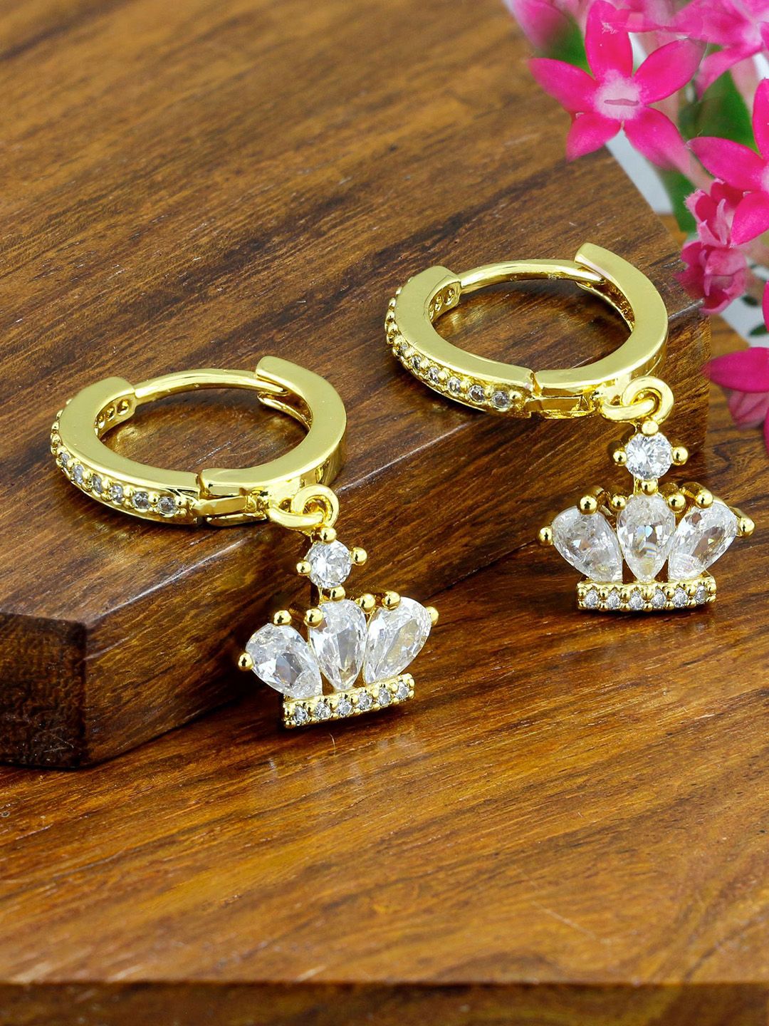 ZIVOM Gold-Plated Circular American Diamond Studded Hoop Earrings