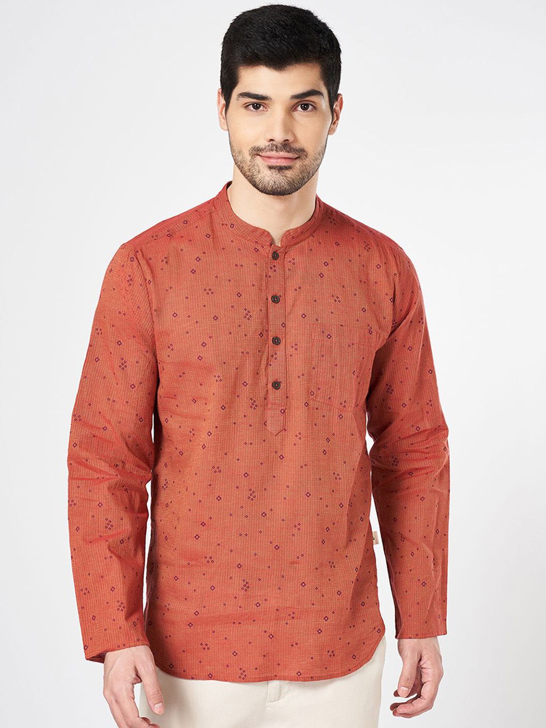 indus route by Pantaloons Geometric Printed Mandarin Collar Long Sleeves Cotton Kurta